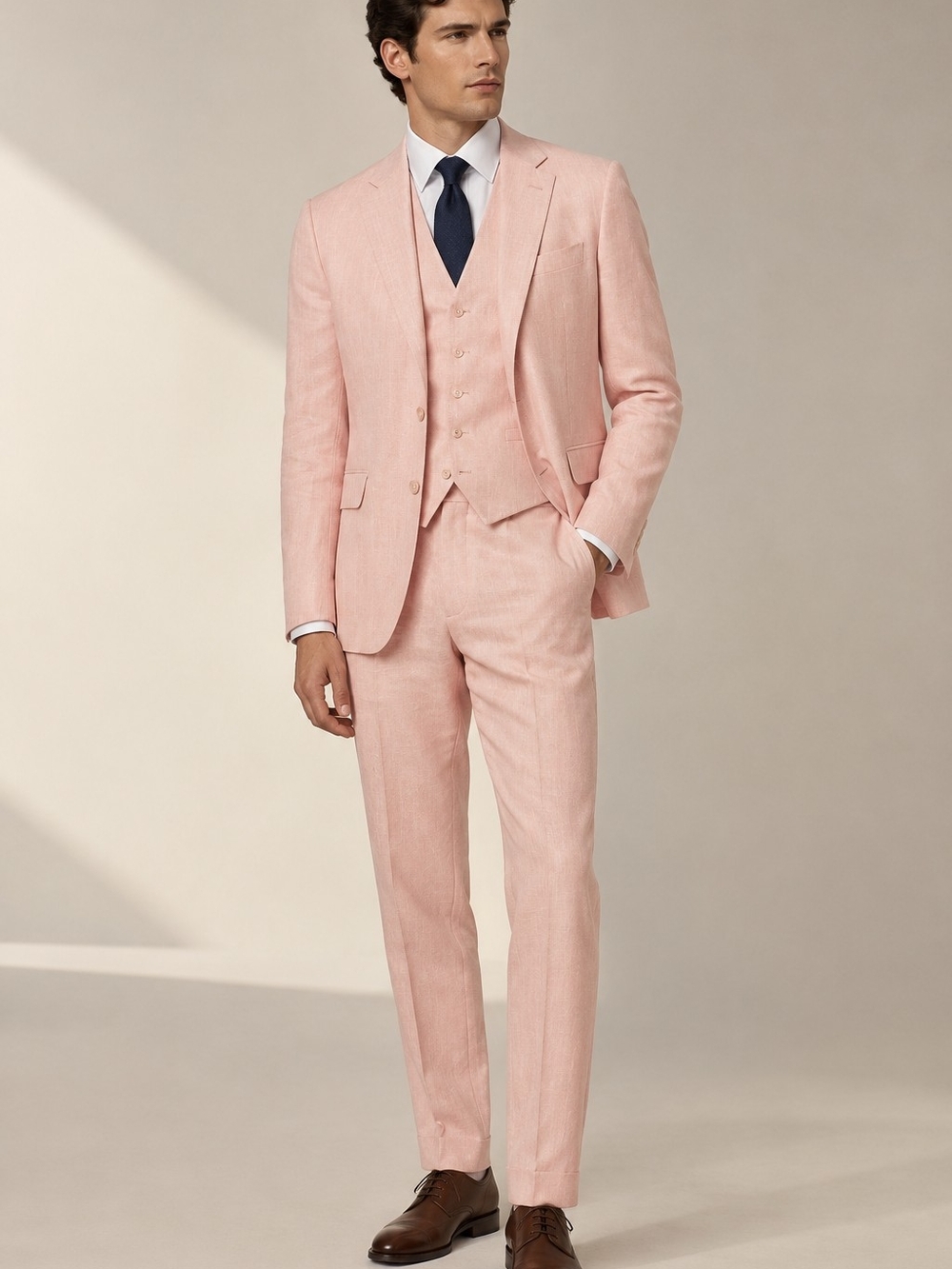100% Linen 3 Piece Pink Men's Suit Blazer Vest Pants Quiet Luxury Old Money 50R